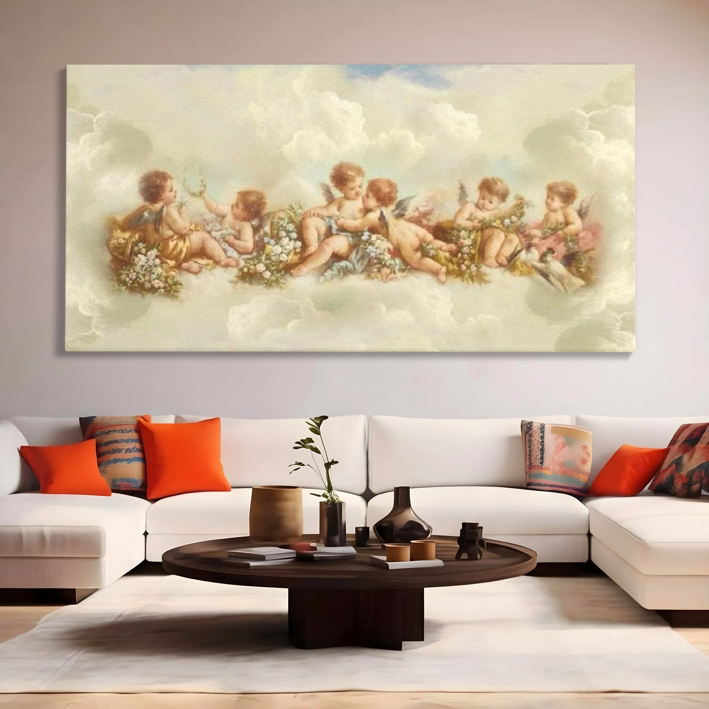 Tablou canvas cu pictura canvas cu ingerase pe nori, fara rama, pe sasiu de lemn, pe perete intr-un living